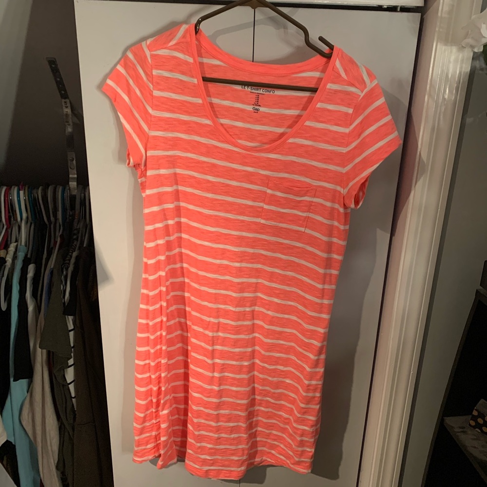 GAP Neon Coral and White Striped Shirt Dress